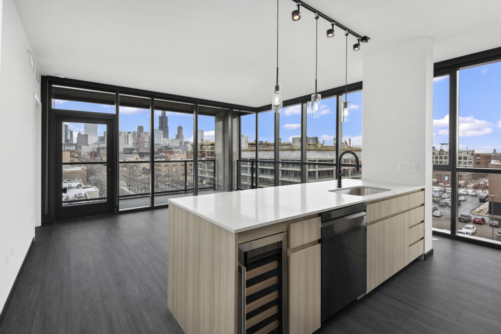 open-concept apartment floorplan with floor-to-ceiling windows at Parq Fulton