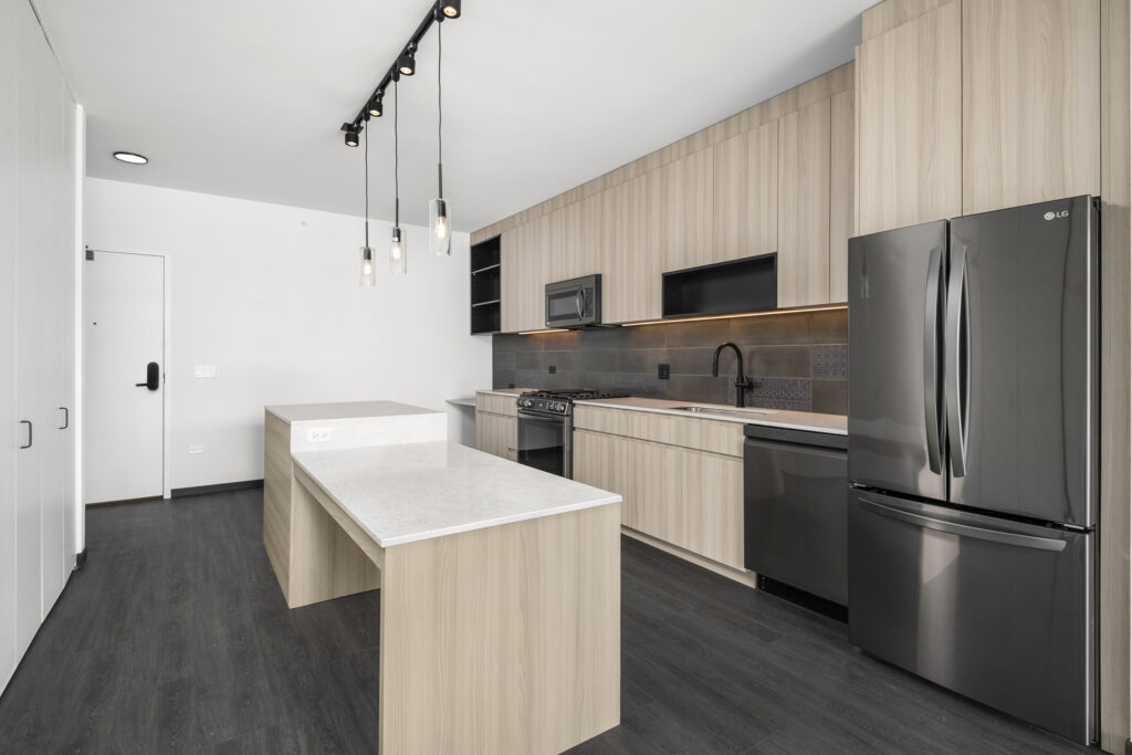 modern apartment kitchen at Parq Fulton in Chicago