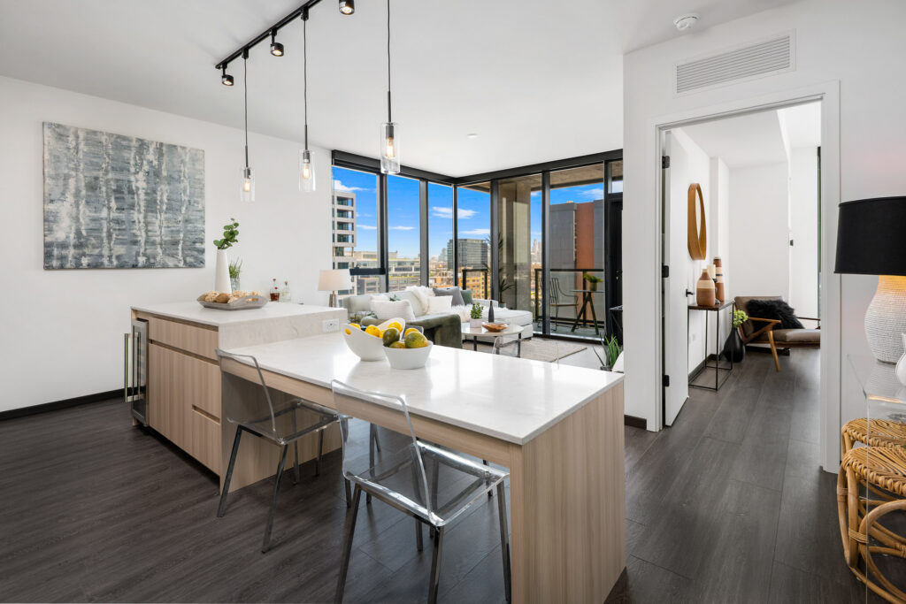 modern Fulton Market apartment with an island and floor-to-ceiling windows