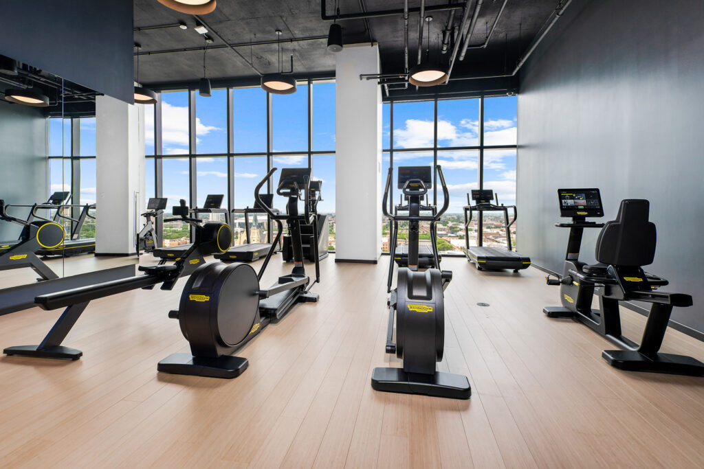 TechnoGym equipment in the fitness center at Parq Fulton Apartments
