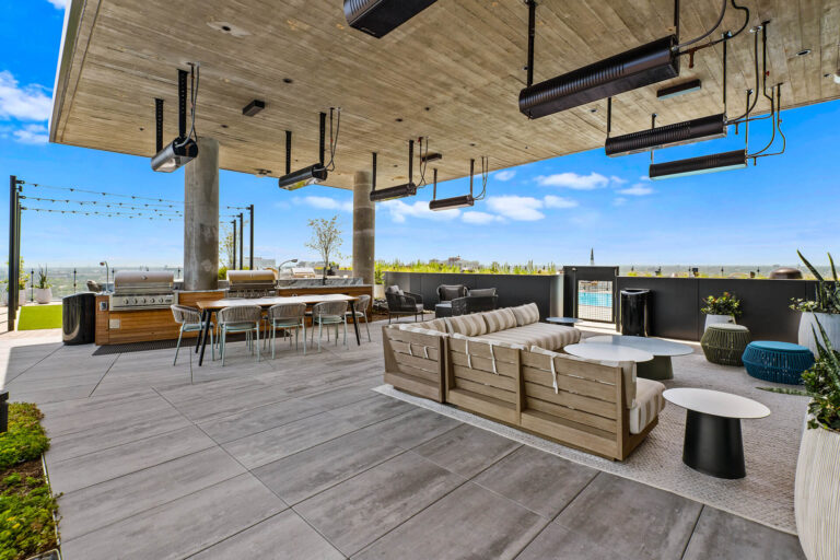 Rooftop fire pit lounge with modern seating